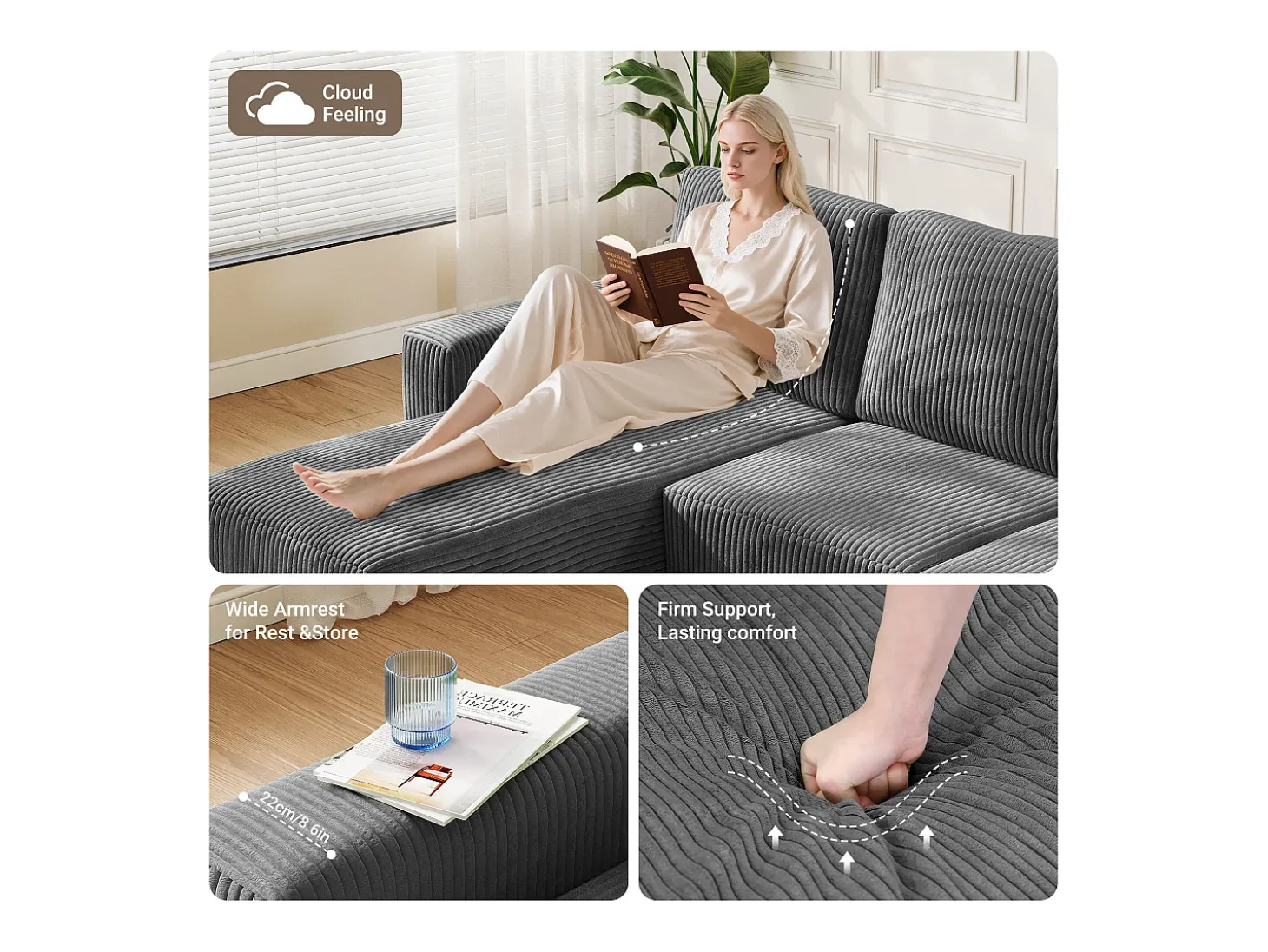 Sofá de canto esquerdo modular 3 lugares em veludo cotelê, com 2 almofadas, chaise longue 70x125cm, Cinza