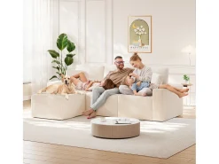 Sofá de canto esquerdo modular 3 lugares em veludo cotelê, com 2 almofadas, chaise longue 70x125cm, Bege