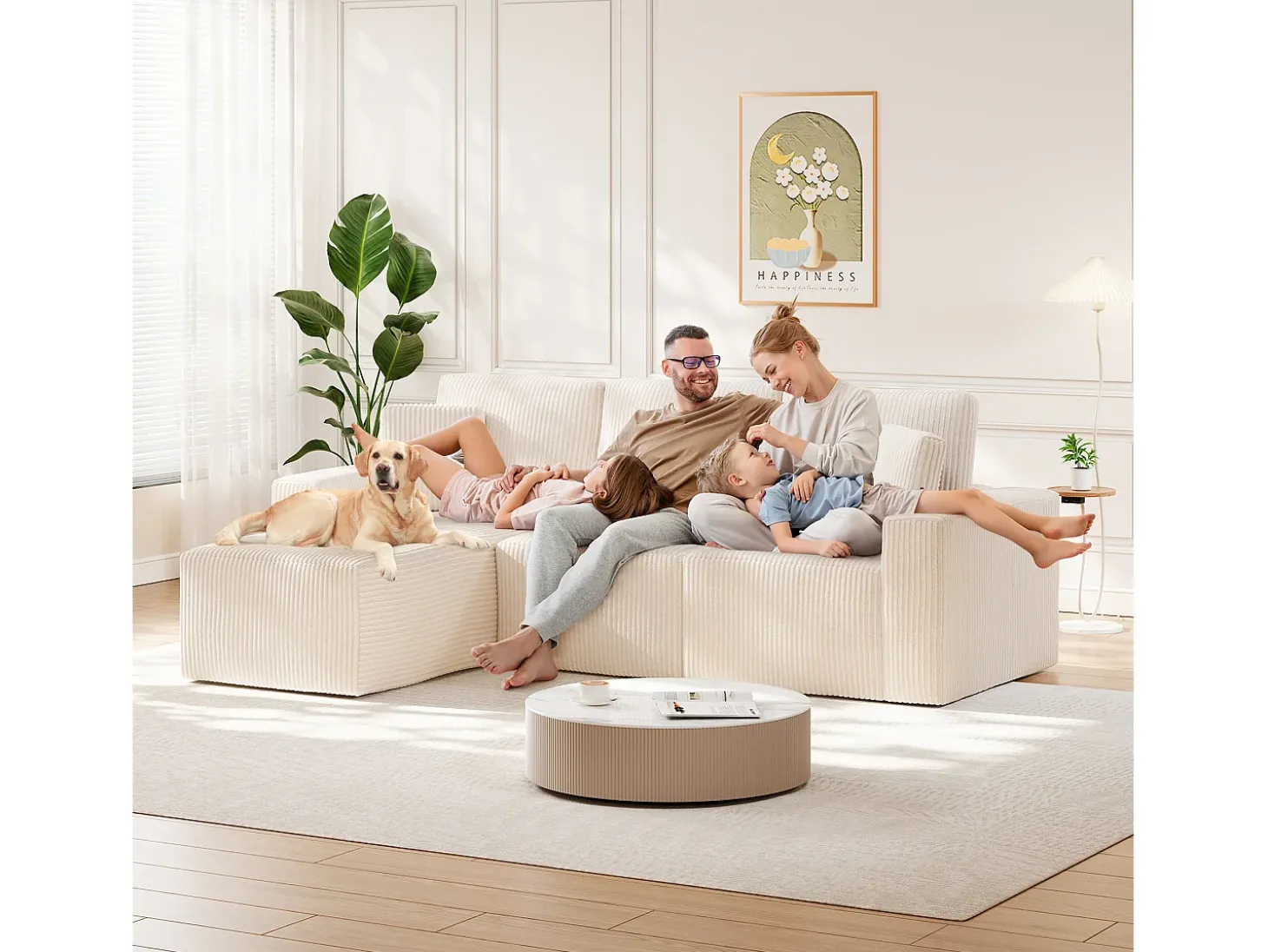 Sofá de canto esquerdo modular 3 lugares em veludo cotelê, com 2 almofadas, chaise longue 70x125cm, Bege