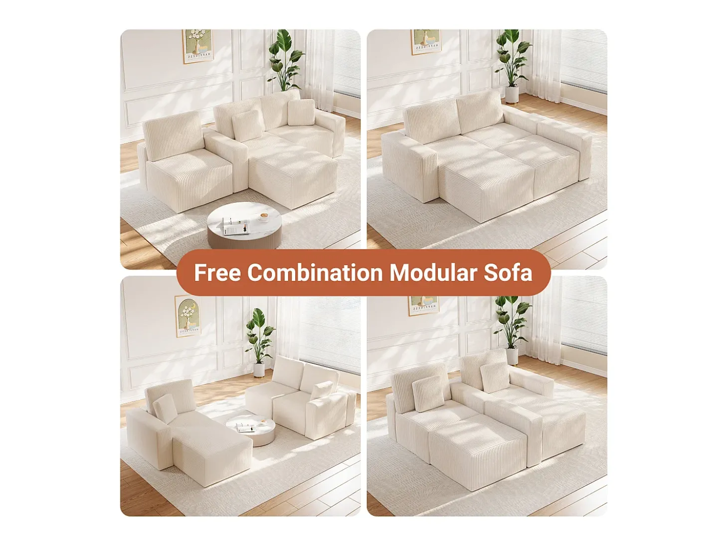 Sofá de canto esquerdo modular 3 lugares em veludo cotelê, com 2 almofadas, chaise longue 70x125cm, Bege