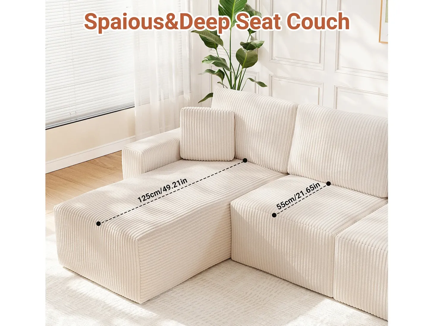 Sofá de canto esquerdo modular 3 lugares em veludo cotelê, com 2 almofadas, chaise longue 70x125cm, Bege