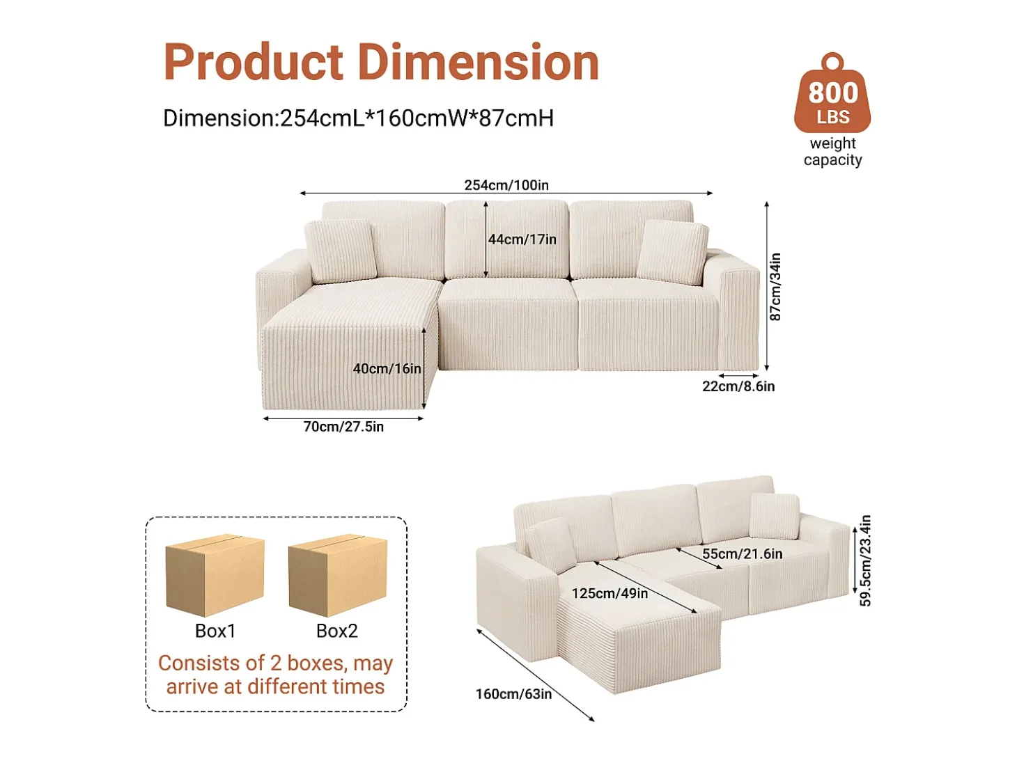 Sofá de canto esquerdo modular 3 lugares em veludo cotelê, com 2 almofadas, chaise longue 70x125cm, Bege