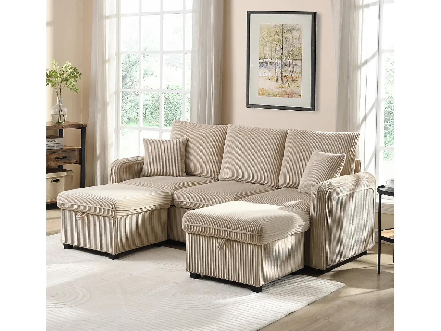 Sofá de canto estofado - 188 x 82 x 86 cm - 3 lugares - 2 apoios para os pés com armazenamento + 2 gavetas - veludo - cinza