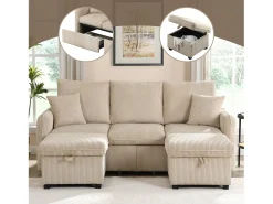 Sofá de canto estofado - 188 x 82 x 86 cm - 3 lugares - 2 apoios para os pés com armazenamento + 2 gavetas - veludo - cinza