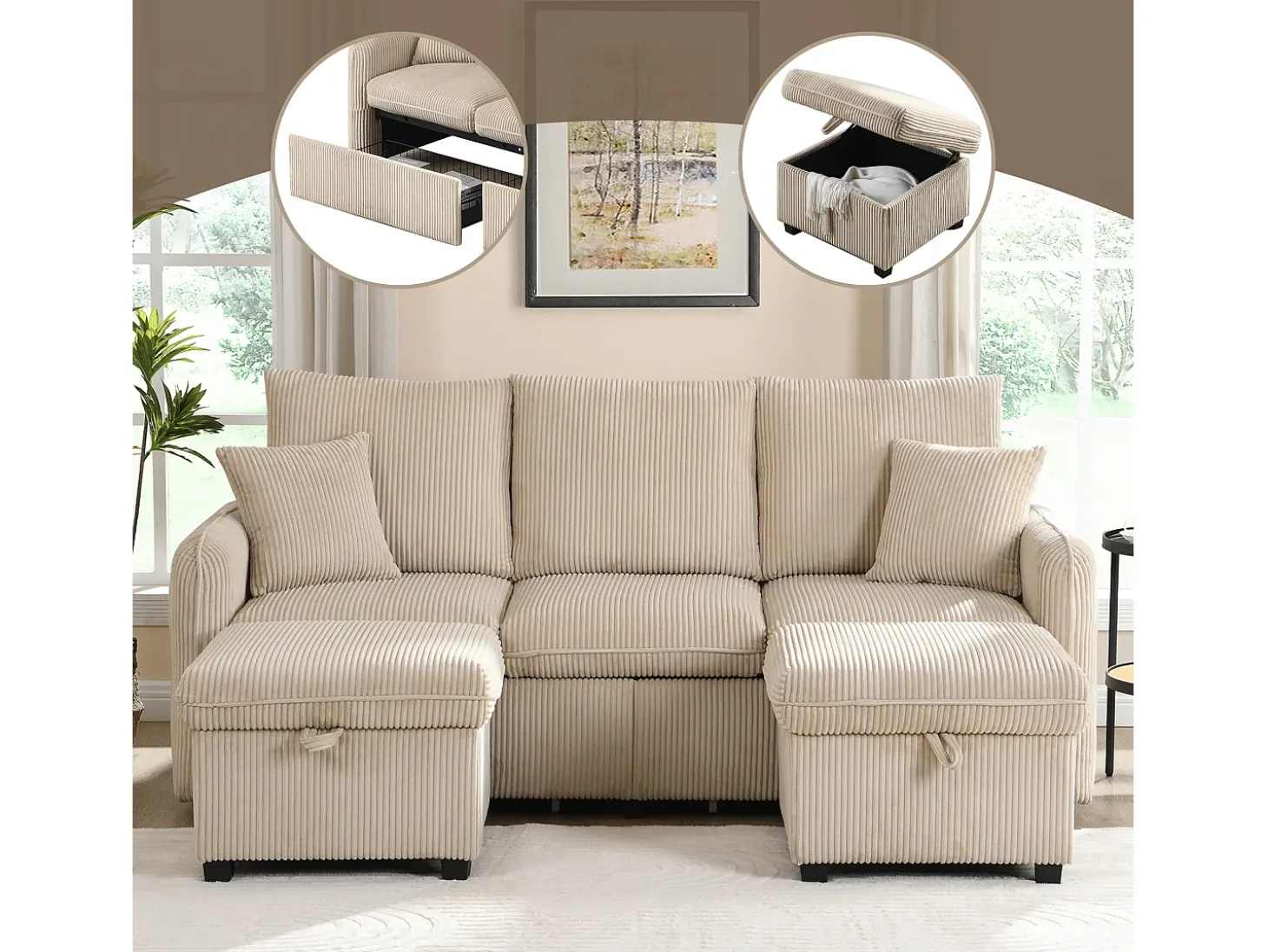 Sofá de canto estofado - 188 x 82 x 86 cm - 3 lugares - 2 apoios para os pés com armazenamento + 2 gavetas - veludo - cinza