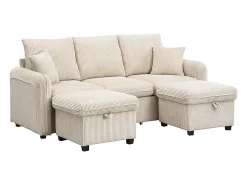 Sofá de canto estofado - 188 x 82 x 86 cm - 3 lugares - 2 apoios para os pés com armazenamento + 2 gavetas - veludo - cinza