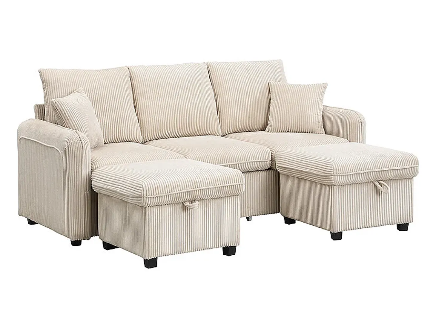 Sofá de canto estofado - 188 x 82 x 86 cm - 3 lugares - 2 apoios para os pés com armazenamento + 2 gavetas - veludo - cinza