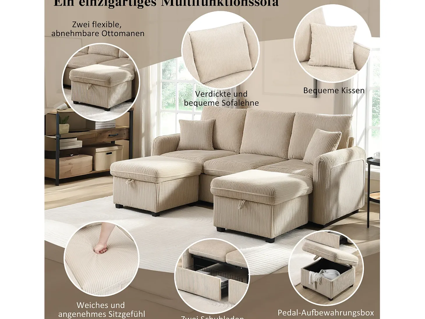 Sofá de canto estofado - 188 x 82 x 86 cm - 3 lugares - 2 apoios para os pés com armazenamento + 2 gavetas - veludo - cinza