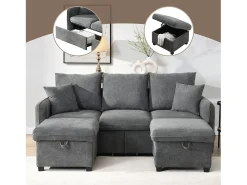 Sofá de canto estofado - 188 x 82 x 86 cm - 3 lugares - 2 apoios para pés com armazenamento + 2 gavetas - veludo - bege