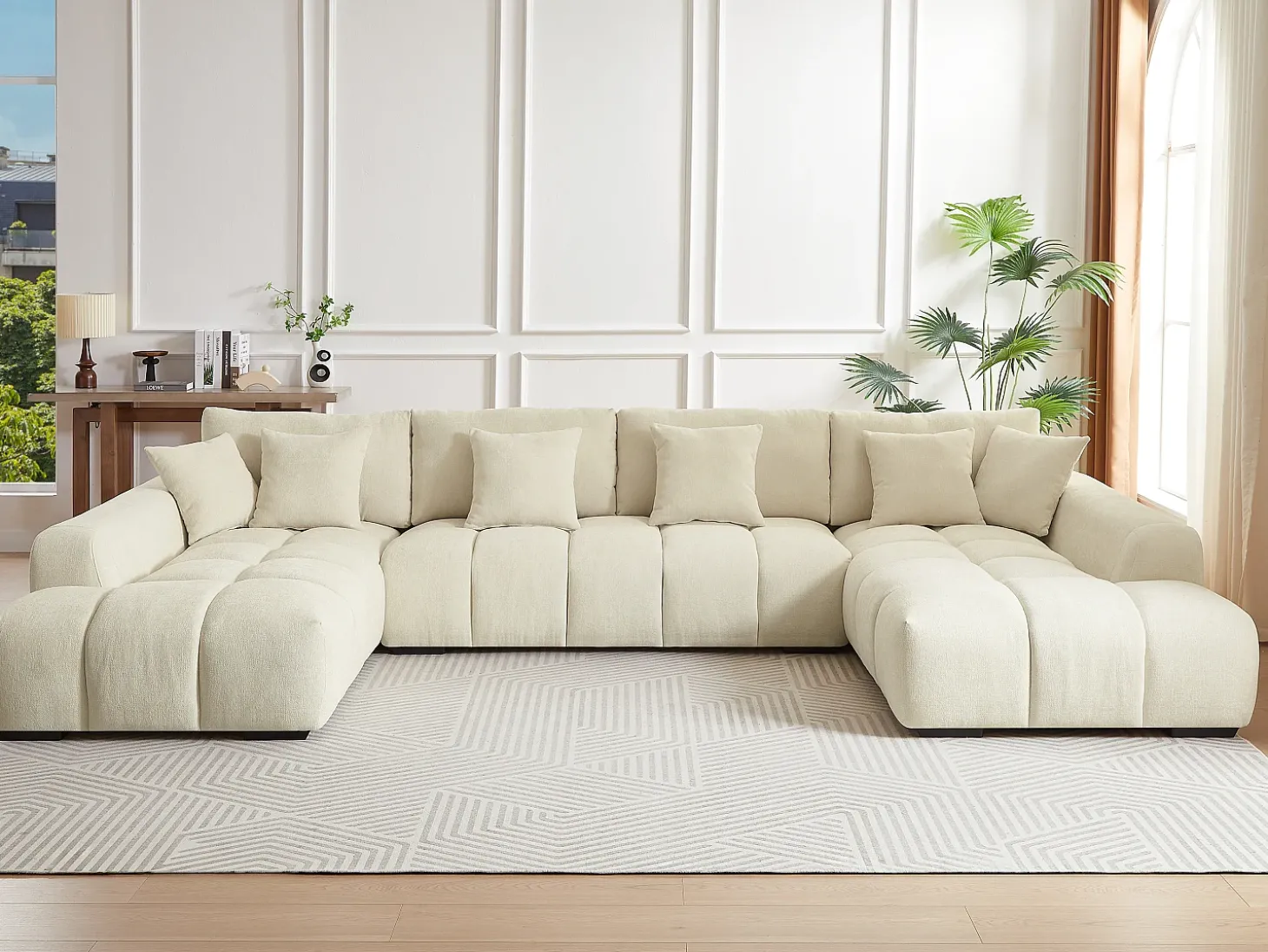 Sofá de canto grande tecido bege efeito acolchoado estilo design BERENIA