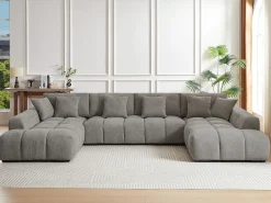 Sofá de canto grande tecido cinza efeito acolchoado estilo design BERENIA