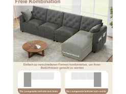 Sofá de canto moderno de 4 lugares com arrumação - apoios de braço laterais com bolsos 281 x 132 x 86 cm - veludo - cinzento