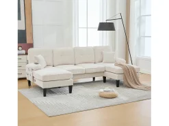 Sofá de canto moderno em formato de U com 4 lugares e 2 chaises longues - 250 x 130 x 88 cm - com estofamento e encosto - veludo - bege