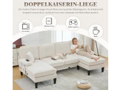 Sofá de canto moderno em formato de U com 4 lugares e 2 chaises longues - 250 x 130 x 88 cm - com estofamento e encosto - veludo - bege