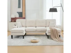 Sofá de canto moderno em formato de U com 4 lugares e 2 chaises longues - 250 x 130 x 88 cm - com estofamento e encosto - veludo - bege