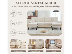 Sofá de canto moderno em formato de U com 4 lugares e 2 chaises longues - 250 x 130 x 88 cm - com estofamento e encosto - veludo - bege