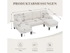 Sofá de canto moderno em formato de U com 4 lugares e 2 chaises longues - 250 x 130 x 88 cm - com estofamento e encosto - veludo - bege