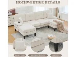 Sofá de canto moderno em formato de U com 4 lugares e 2 chaises longues - 250 x 130 x 88 cm - com estofamento e encosto - veludo - bege