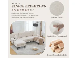 Sofá de canto moderno em formato de U com 4 lugares e 2 chaises longues - 250 x 130 x 88 cm - com estofamento e encosto - linho - bege