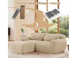 Sofá de Canto Modular 2 lugares em tecido peluche, com puff e 2 almofadas, 204x179x73cm, Caqui