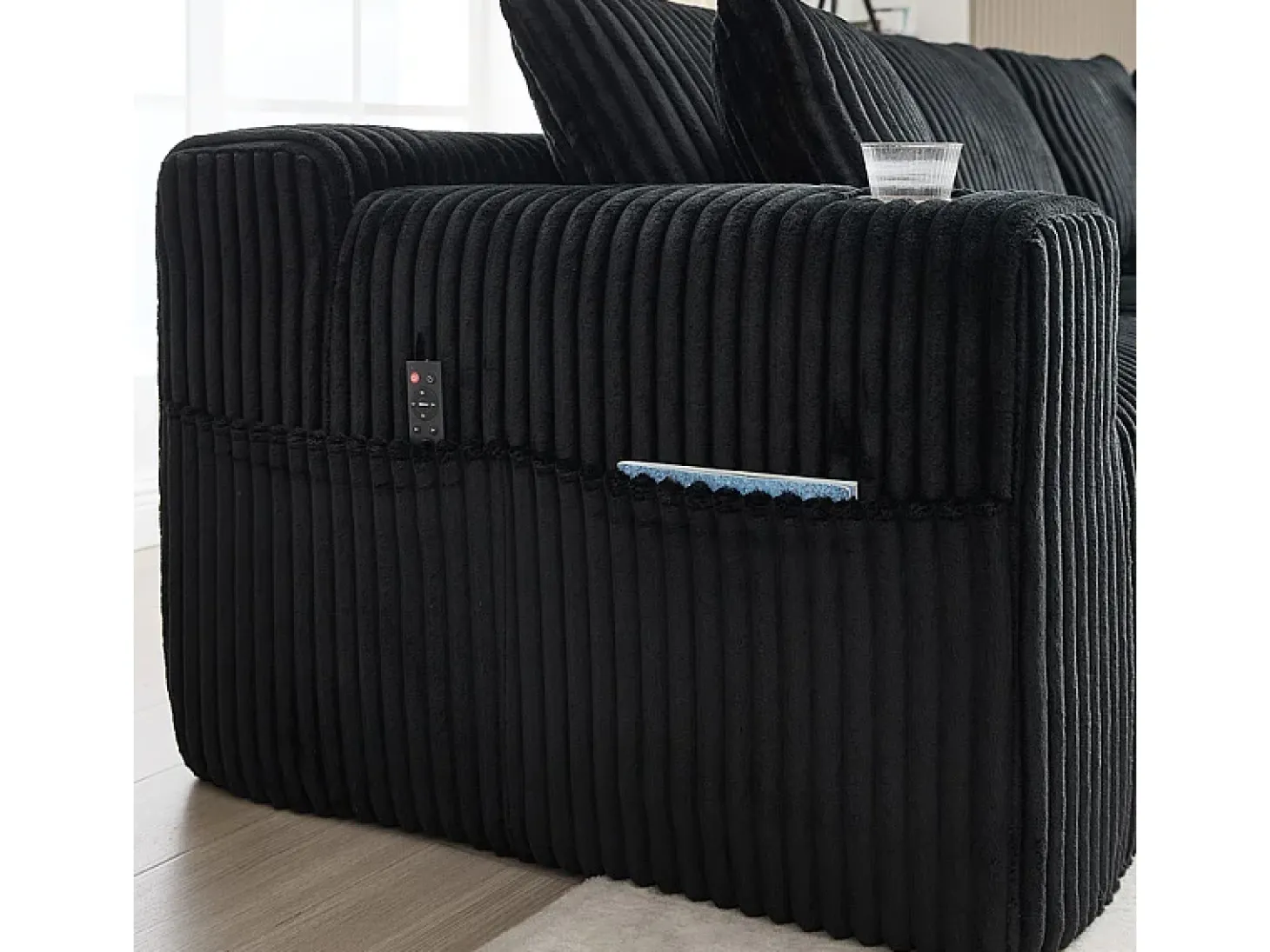 Sofá de Canto Modular 3 Lugares, de Veludo Cotelê, com Porta-copos, Almofadas e Bolsos Laterais, Chaise Longue 118cm, Preto