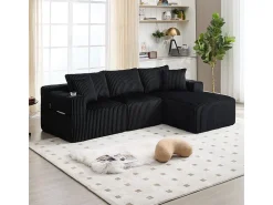 Sofá de Canto Modular 3 Lugares, de Veludo Cotelê, com Porta-copos, Almofadas e Bolsos Laterais, Chaise Longue 118cm, Preto
