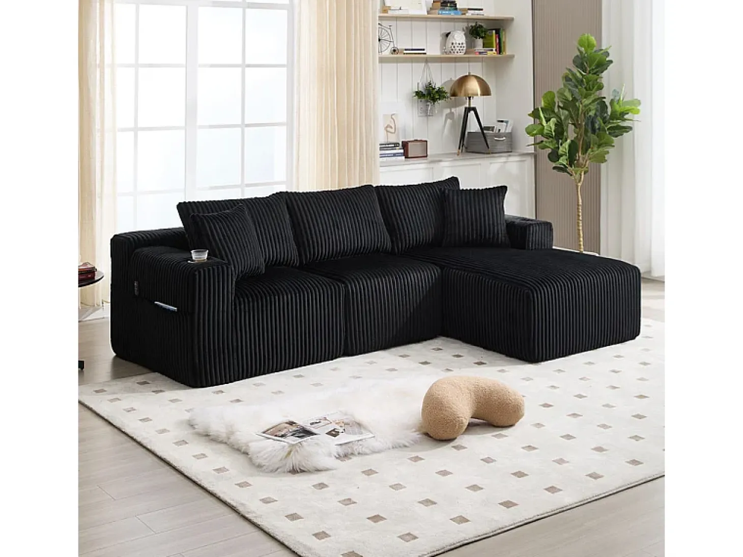 Sofá de Canto Modular 3 Lugares, de Veludo Cotelê, com Porta-copos, Almofadas e Bolsos Laterais, Chaise Longue 118cm, Preto