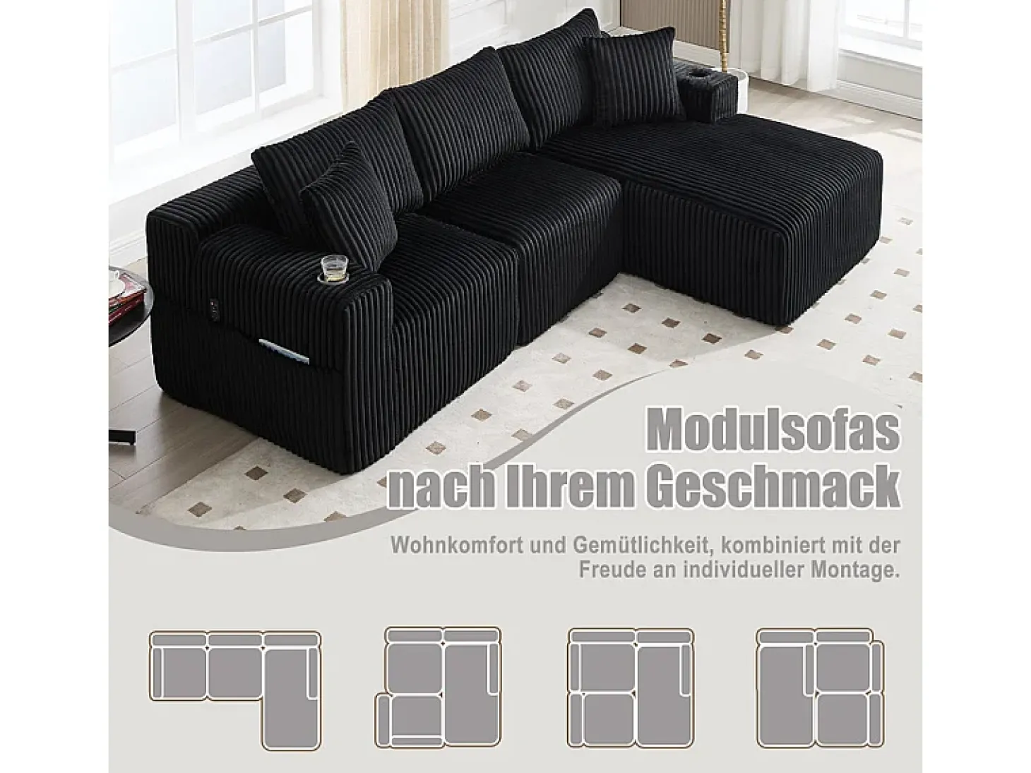 Sofá de Canto Modular 3 Lugares, de Veludo Cotelê, com Porta-copos, Almofadas e Bolsos Laterais, Chaise Longue 118cm, Preto