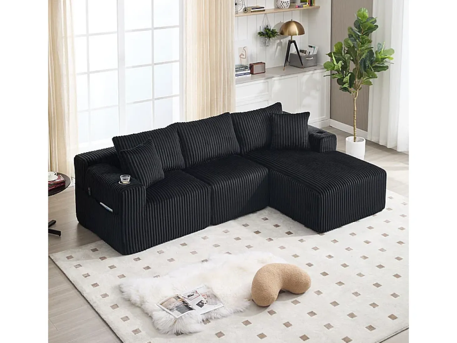 Sofá de Canto Modular 3 Lugares, de Veludo Cotelê, com Porta-copos, Almofadas e Bolsos Laterais, Chaise Longue 118cm, Preto