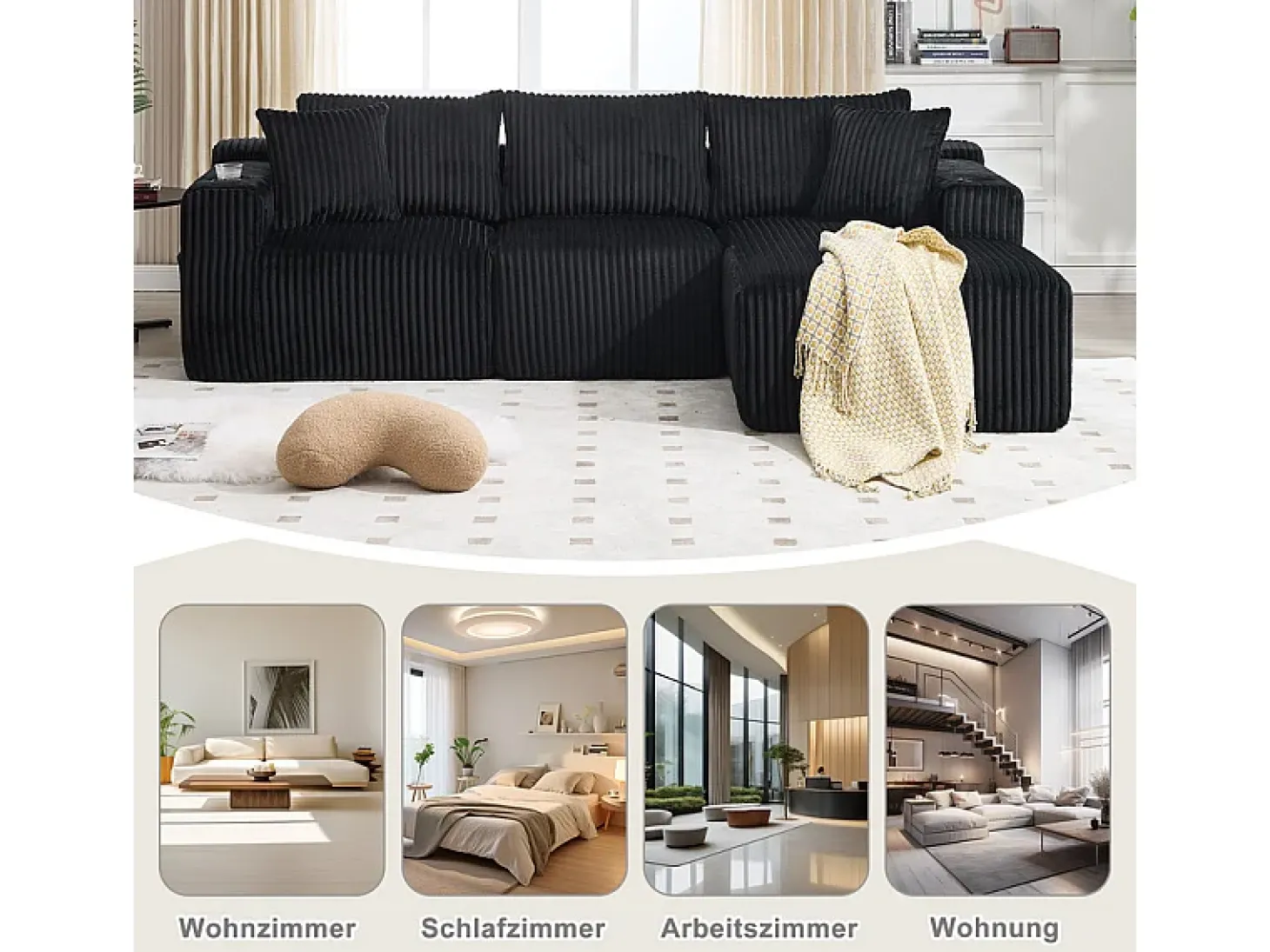 Sofá de Canto Modular 3 Lugares, de Veludo Cotelê, com Porta-copos, Almofadas e Bolsos Laterais, Chaise Longue 118cm, Preto