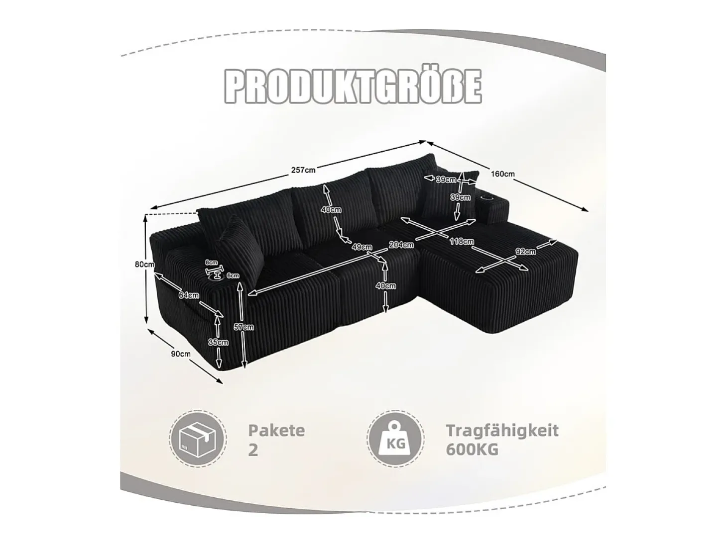 Sofá de Canto Modular 3 Lugares, de Veludo Cotelê, com Porta-copos, Almofadas e Bolsos Laterais, Chaise Longue 118cm, Preto