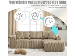 Sofá de Canto Modular 3 Lugares, de Veludo Cotelê, com Porta-copos, Almofadas e Bolsos Laterais, Chaise Longue 118cm, Caqui