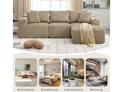 Sofá de Canto Modular 3 Lugares, de Veludo Cotelê, com Porta-copos, Almofadas e Bolsos Laterais, Chaise Longue 118cm, Caqui