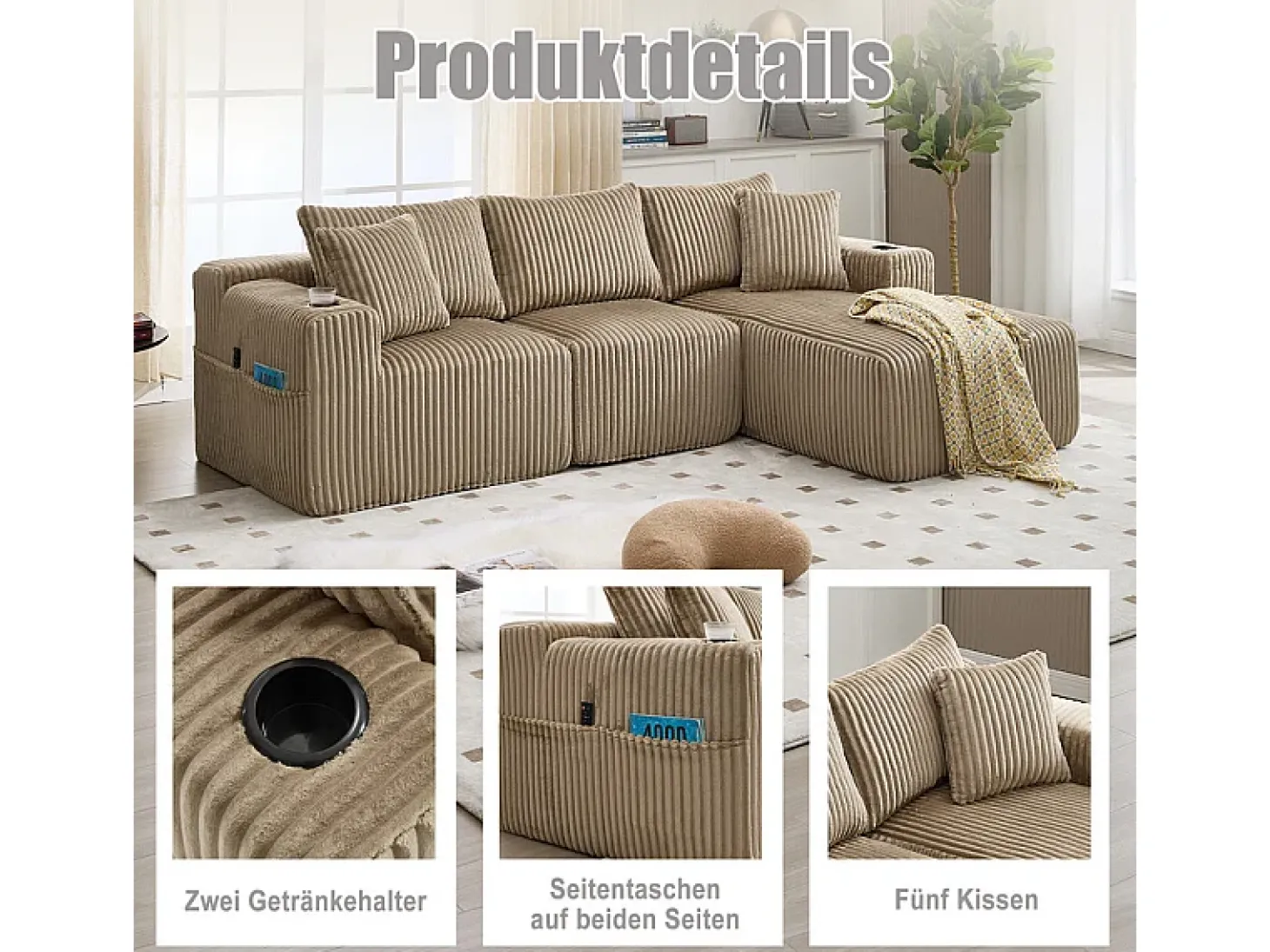 Sofá de Canto Modular 3 Lugares, de Veludo Cotelê, com Porta-copos, Almofadas e Bolsos Laterais, Chaise Longue 118cm, Caqui