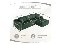 Sofá de Canto Modular 3 Lugares, de Veludo Cotelê, com Porta-copos, Almofadas e Bolsos Laterais, Chaise Longue 118cm, Verde
