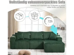 Sofá de Canto Modular 3 Lugares, de Veludo Cotelê, com Porta-copos, Almofadas e Bolsos Laterais, Chaise Longue 118cm, Verde