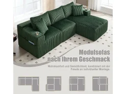 Sofá de Canto Modular 3 Lugares, de Veludo Cotelê, com Porta-copos, Almofadas e Bolsos Laterais, Chaise Longue 118cm, Verde