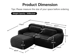 Sofá de Canto Modular 2 lugares em tecido peluche, com puff e 2 almofadas, 204x179x73cm, Preto