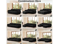 Sofá de Canto Modular 2 lugares em tecido peluche, com puff e 2 almofadas, 204x179x73cm, Preto