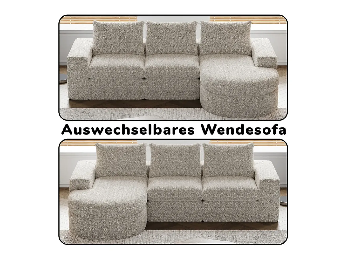 Sofá de Canto Modular 3 Lugares, com Chaise Longue Curva Reversível, 3 Almofadas e Almofadas Cervicais, Tecido Chenille, Bege