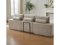 Sofá de Canto Modular 3 Lugares, com Chaise Longue Curva Reversível, 3 Almofadas e Almofadas Cervicais, Tecido Chenille, Bege