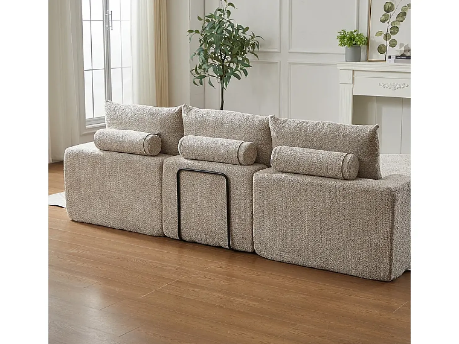 Sofá de Canto Modular 3 Lugares, com Chaise Longue Curva Reversível, 3 Almofadas e Almofadas Cervicais, Tecido Chenille, Bege