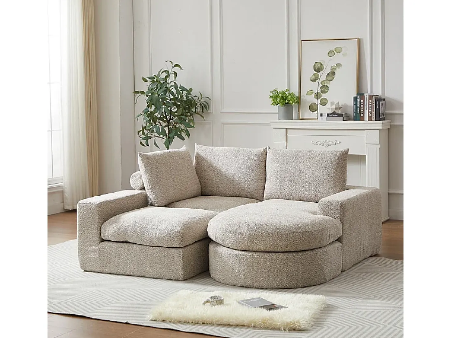 Sofá de Canto Modular 3 Lugares, com Chaise Longue Curva Reversível, 3 Almofadas e Almofadas Cervicais, Tecido Chenille, Bege