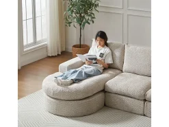 Sofá de Canto Modular 3 Lugares, com Chaise Longue Curva Reversível, 3 Almofadas e Almofadas Cervicais, Tecido Chenille, Bege