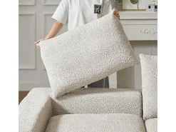 Sofá de Canto Modular 3 Lugares, com Chaise Longue Curva Reversível, 3 Almofadas e Almofadas Cervicais, Tecido Chenille, Bege