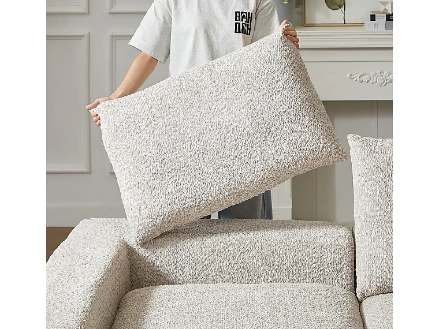 Sofá de Canto Modular 3 Lugares, com Chaise Longue Curva Reversível, 3 Almofadas e Almofadas Cervicais, Tecido Chenille, Bege