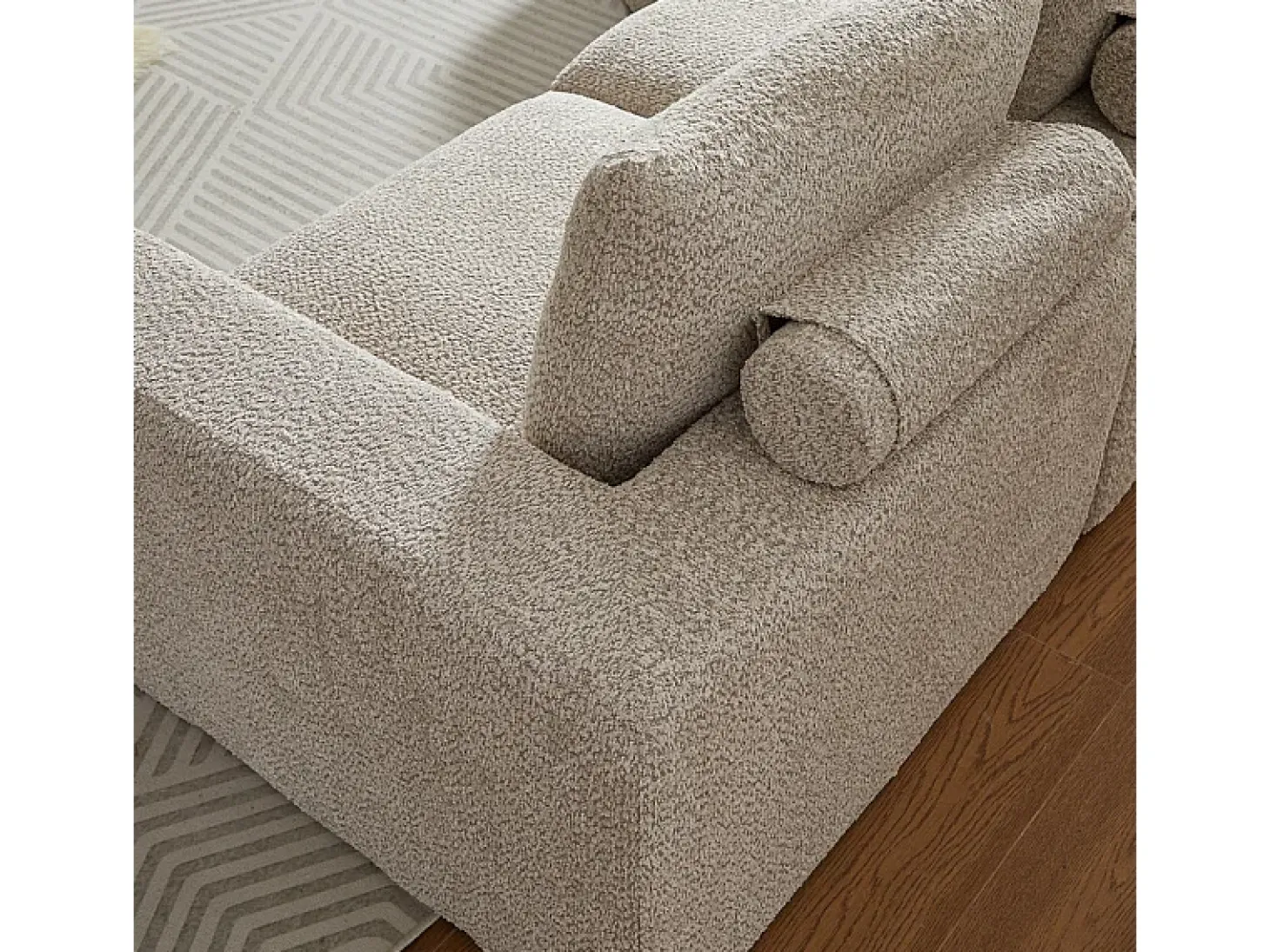 Sofá de Canto Modular 3 Lugares, com Chaise Longue Curva Reversível, 3 Almofadas e Almofadas Cervicais, Tecido Chenille, Bege