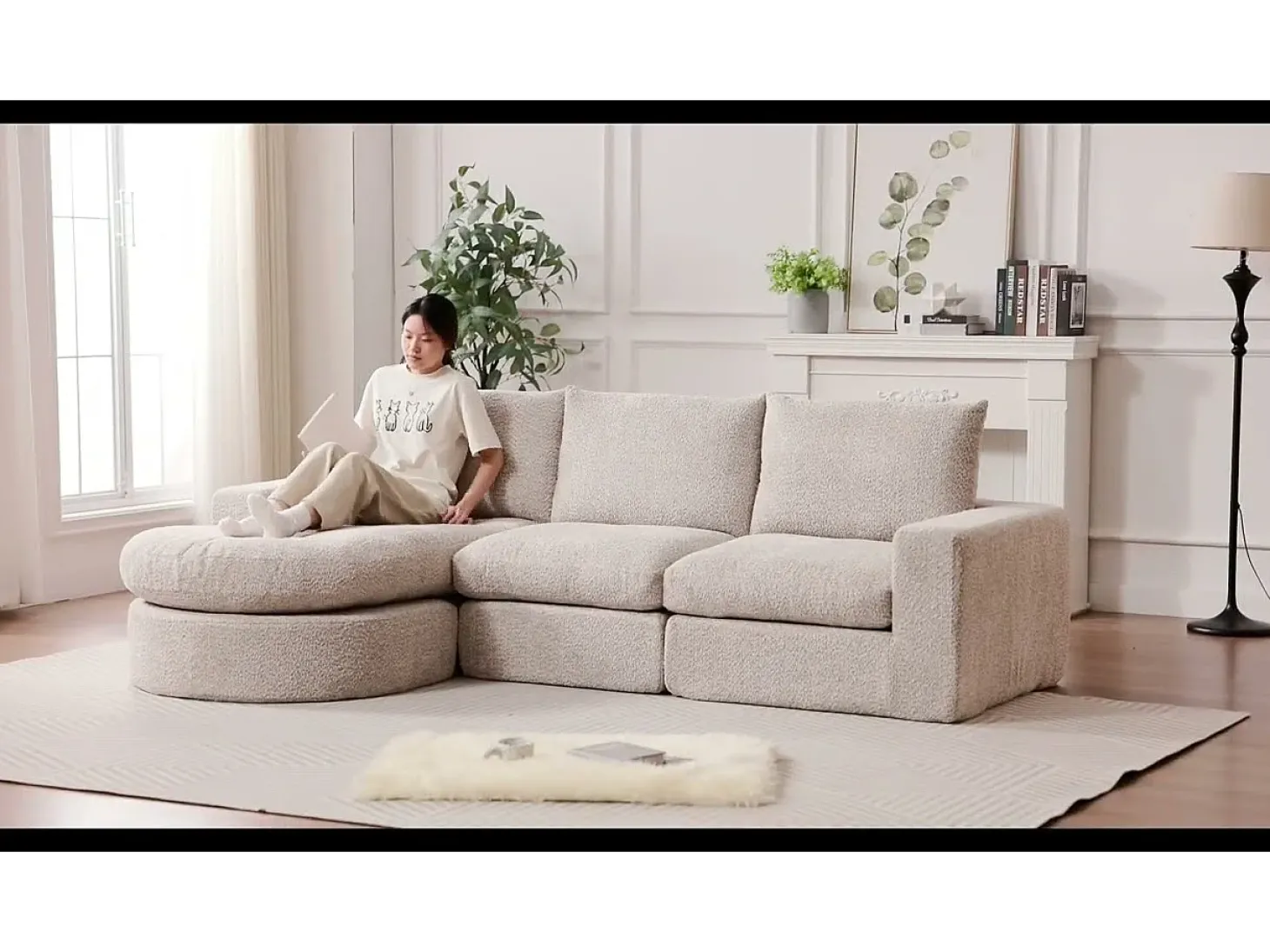 Sofá de Canto Modular 3 Lugares, com Chaise Longue Curva Reversível, 3 Almofadas e Almofadas Cervicais, Tecido Chenille, Bege