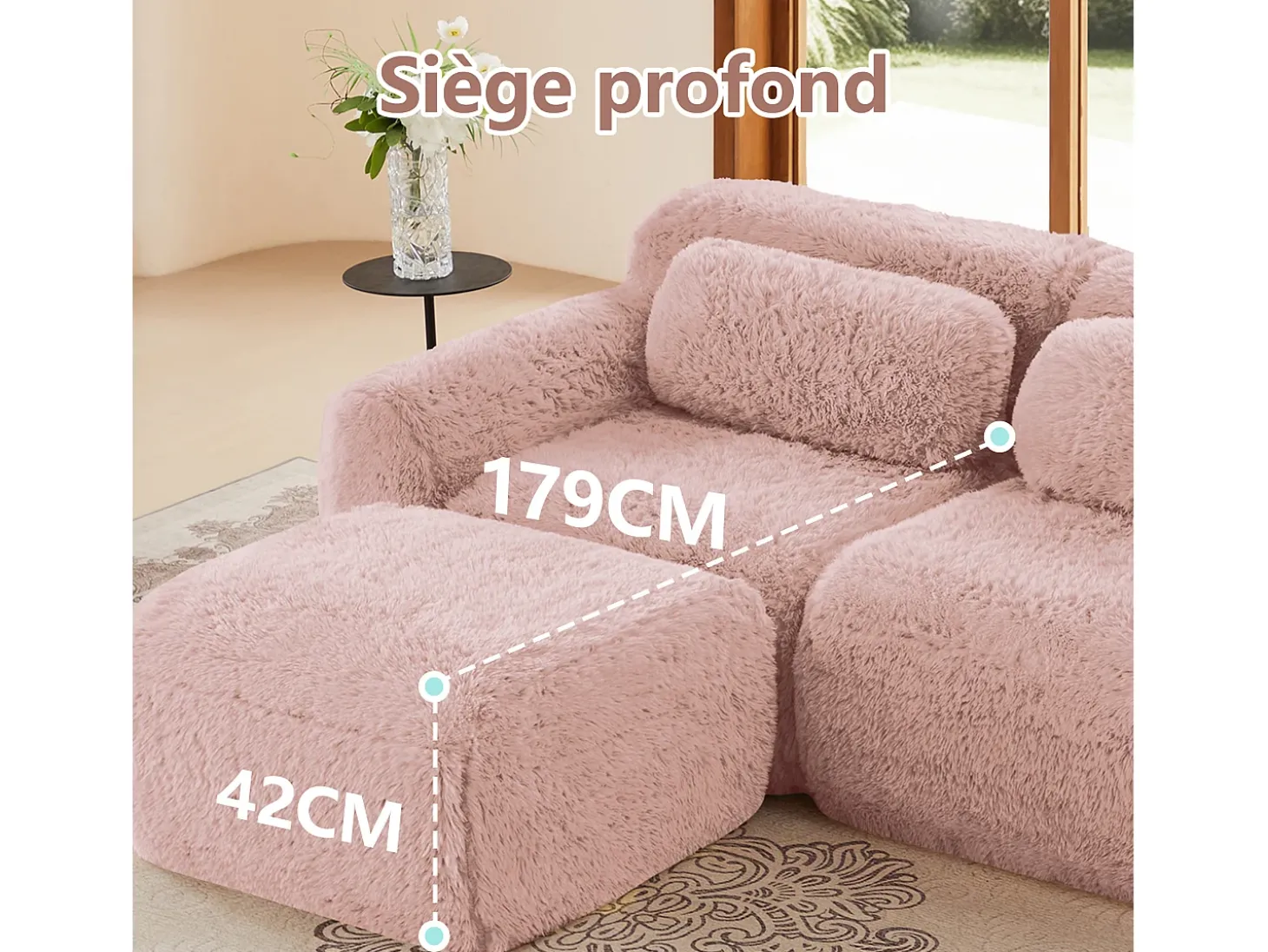 Sofá de Canto Modular 2 lugares em tecido peluche, com puff e 2 almofadas, 204x179x73cm, Rosa