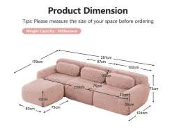 Sofá de Canto Modular 3 lugares em tecido peluche, com puff e 3 almofadas, 291x179x73cm, Rosa